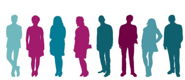 Beyaz arkaplan siluetinde duran insanlar, izole edilmiş, vektör