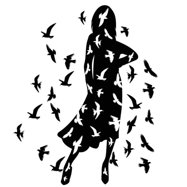 Flying Birds Girl Black Silhouette Isolated Vector — Stockvektor