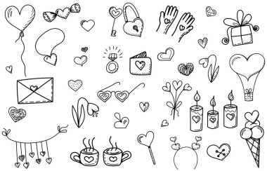 Sevgililer Günü karalama tasarımı, birçok farklı öğe, izole edilmiş vektör