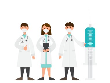 Maskeli doktorlar ve büyük bir şırınga, vektör