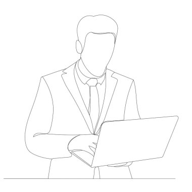 Dizüstü bilgisayarı olan bir adam sürekli çiziyor, izole edilmiş, vektör.