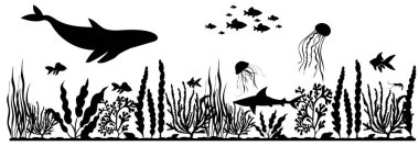 Su altı manzarası, deniz yosunu, balık, vektör