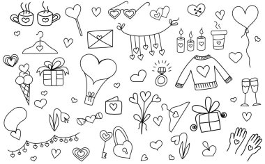 Sevgililer Günü karalama tasarımı, izole edilmiş elementler kümesi