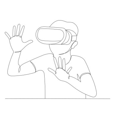 Sanal gerçeklik gözlüğü takan çocuk sürekli bir çizgi çiziyor, izole edilmiş, vektör.