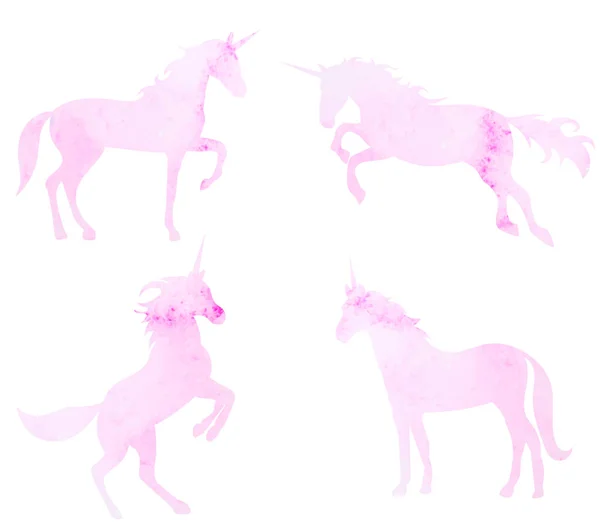 Unicorn Pink Watercolor Silhouette Set Isolated — Vector de stock