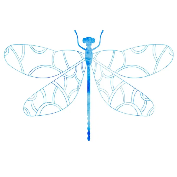 Dragonfly Blue Watercolor Silhouette White Background Isolated — Vetor de Stock
