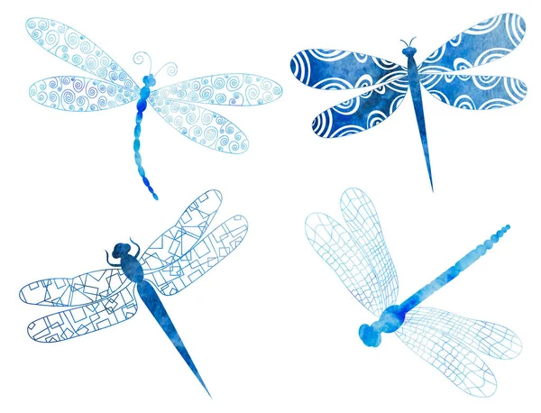 Dragonfly Blue Set Watercolor Silhouette White Background — Stockvektor
