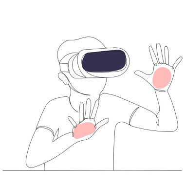 boy in virtual reality glasses sketches drawing in one line, on a white background, sketch, vector