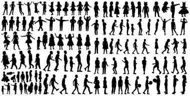 set of children people, black silhouette, isolated vector