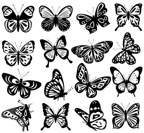 butterfly set, black silhouette, isolated vector