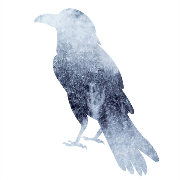 Raven watercolor silhouette, isolated vector