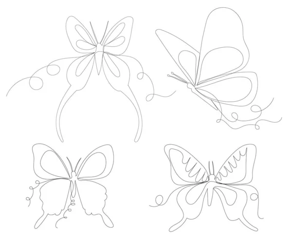 Conjunto Mariposa Voladora Línea Continua Dibujo Boceto Vector — Vector de stock