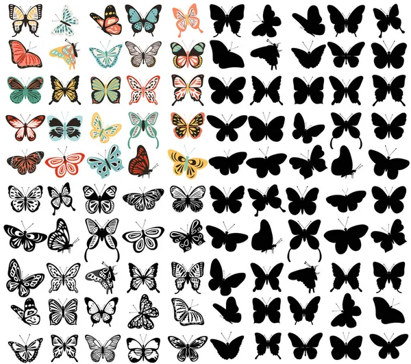 Sada Motýlů Silueta Bílé Pozadí — Stockový vektor