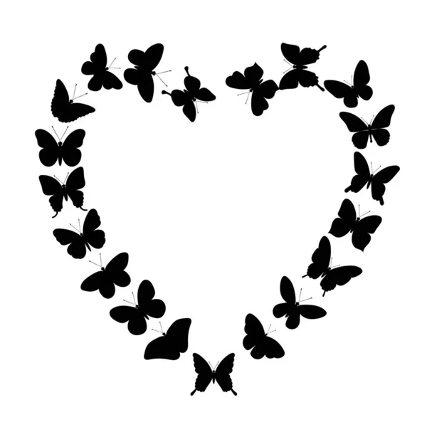 Butterflies Fly Heart Black Silhouette Vector Isolated — Stock Vector