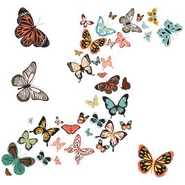 Beyaz arka planda bir sürü uçan kelebek, izole edilmiş,