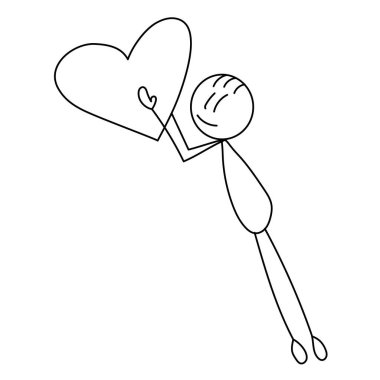 Kalbi olan adam, çöp adam, karalama, çizim, izole edilmiş, vektör