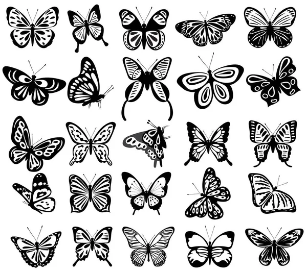 Samling Fjärilar Set Silhuett Vit Bakgrund Vektor Isolerad — Stock vektor