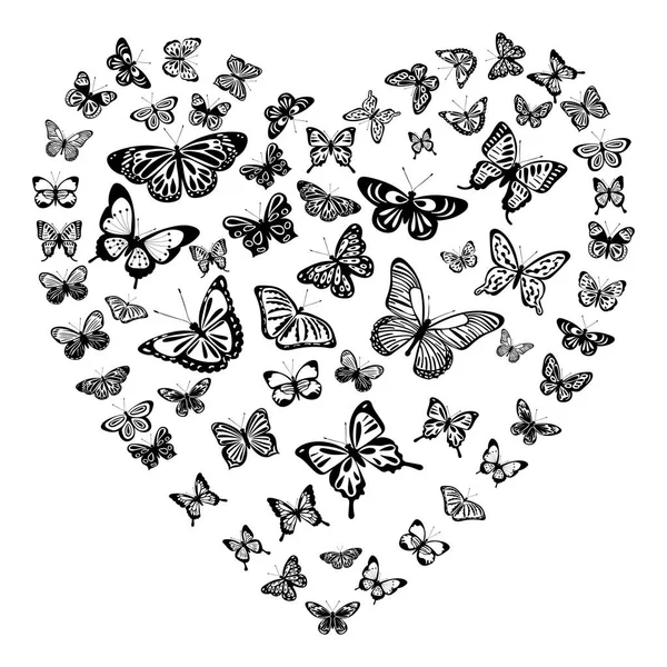 Schmetterlinge Herz Gesetzt Silhouette Auf Weißem Hintergrund Vektor Isoliert — Stockvektor