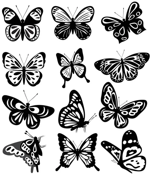 Flygande Fjärilar Silhuett Vit Bakgrund Vektor — Stock vektor