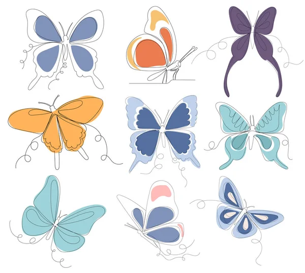 Butterflies Set One Line Drawing Vector Isolated — Stock Vector