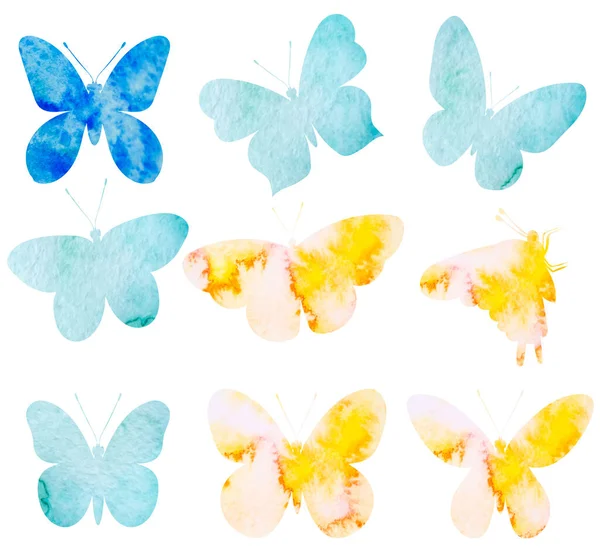 Schmetterlinge Setzen Aquarellsilhouette Auf Weißem Hintergrund Vektor — Stockvektor