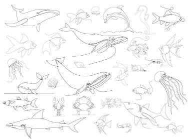 balık, ahtapot bir çizgi set, vektör.