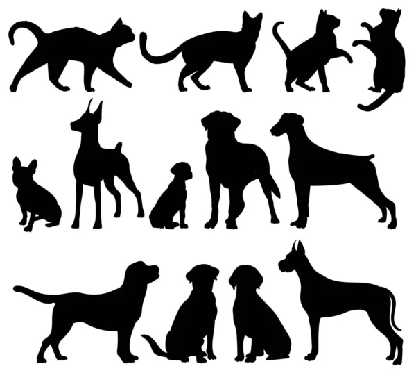 Cats Dogs Silhouette Set White Background Vector — Stock Vector