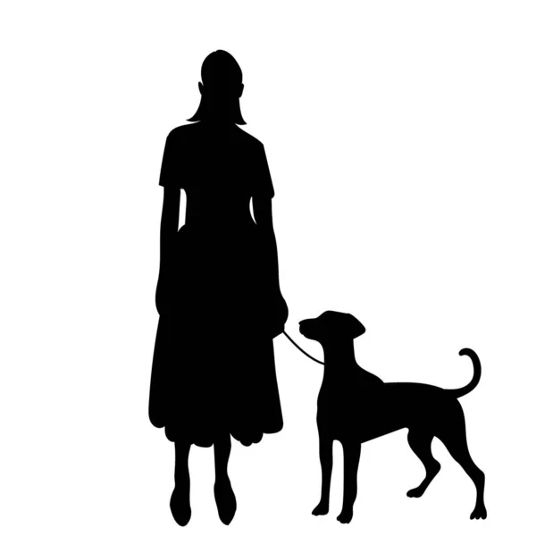 白い背景をした犬のシルエットの女性 — ストックベクタ