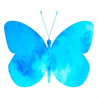 Mavi kelebek suluboya silueti, beyaz arkaplanda, vektör