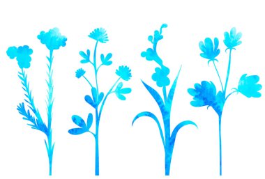 Çiçekler suluboya silueti, beyaz arkaplanda, vektör