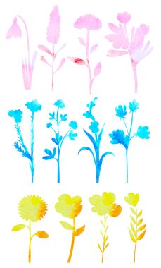 Çiçekler suluboya silueti, beyaz arkaplanda, vektör