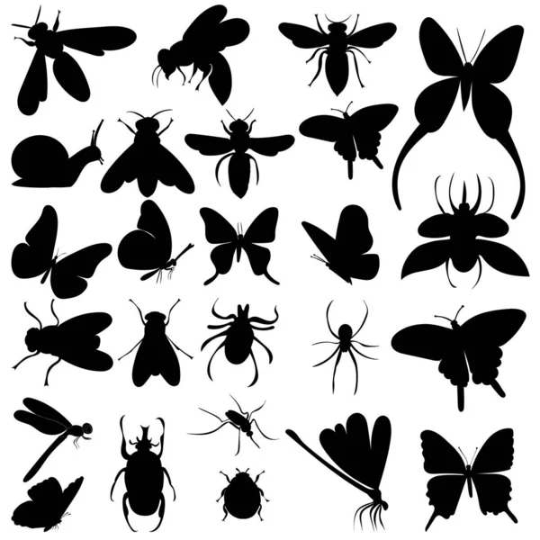 Conjunto Insectos Silueta Sobre Fondo Blanco Vector — Vector de stock