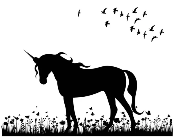 Licorne Sur Silhouette Herbe Sur Fond Blanc Vecteur — Image vectorielle