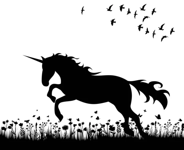 Licorne Sur Silhouette Herbe Sur Fond Blanc — Image vectorielle