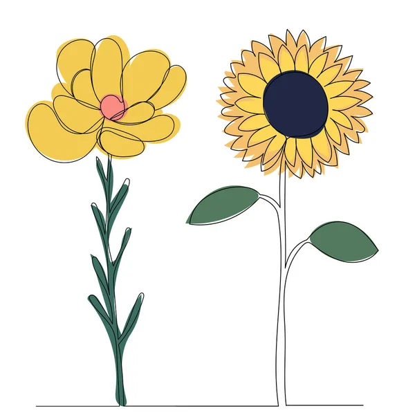 Sarı Çiçekler Bir Çizgi Çizim Vektörü — Stok Vektör