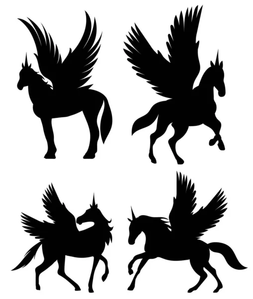 Pegasus Set Silhouette Noire Vecteur Isolé — Image vectorielle