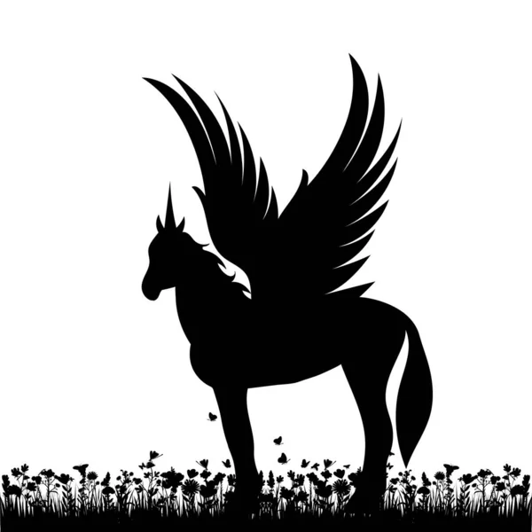 Pegasus Sur Herbe Silhouette Noire Vecteur Isolé — Image vectorielle