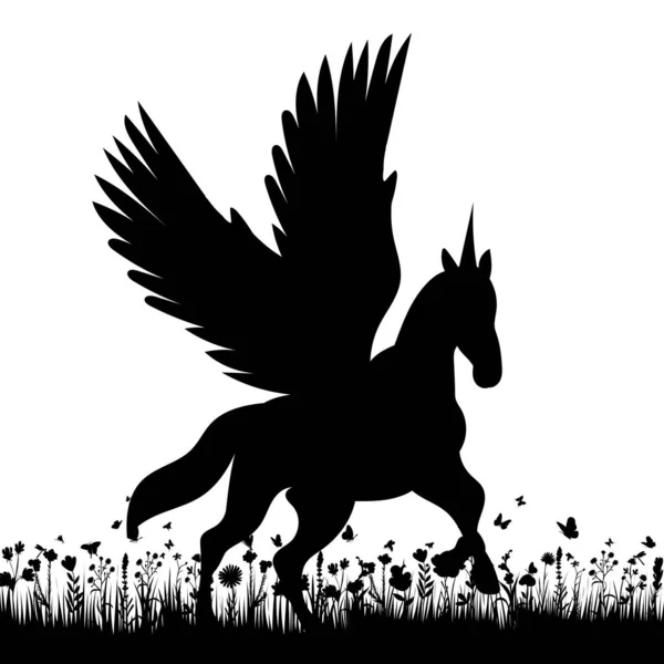 Pegasus Auf Dem Gras Schwarze Silhouette Isoliert — Stockvektor