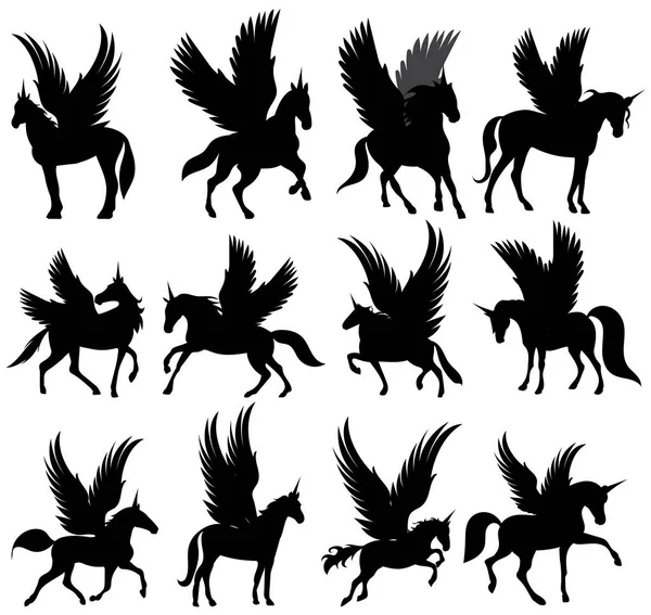 Pegasus Set Silhouette Noire Vecteur Isolé — Image vectorielle