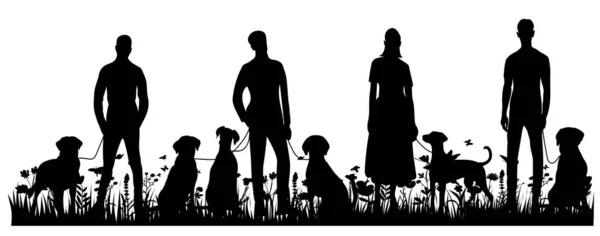 Menschen Mit Hunden Auf Dem Gras Schwarze Silhouette Isolierter Vektor — Stockvektor