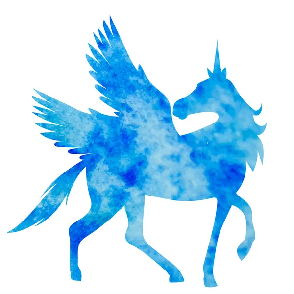 Modrý Pegasus Akvarel Silueta Bílém Pozadí Izolovaný Vektor — Stockový vektor