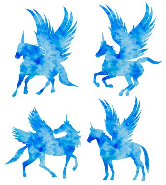 Pegasus suluboya silueti ayarladı, izole edilmiş vektör