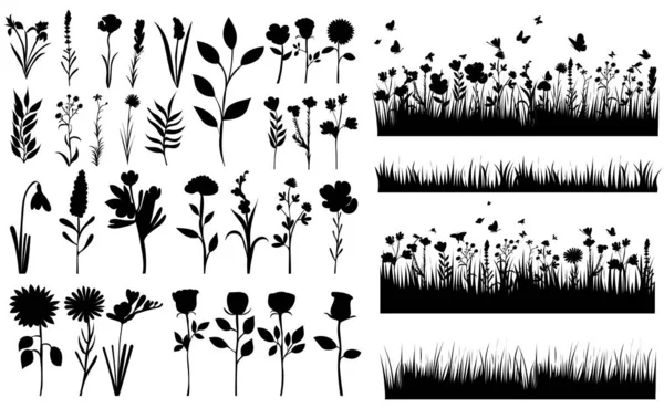 Hierba Plantas Flores Conjunto Silueta Vector Aislado — Archivo Imágenes Vectoriales