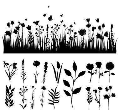 Çimenler, çiçekler siluet, izole vektör