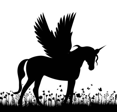 Çimlerdeki pegasus siyah siluet, izole vektör