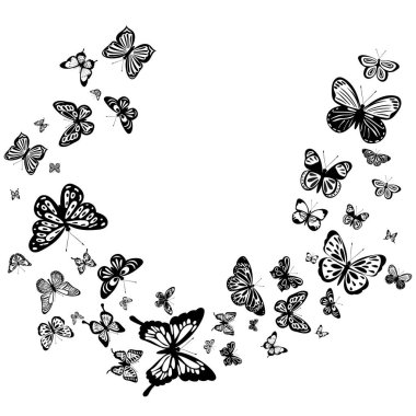 Uçan kelebeklerle dolu beyaz bir arka plan. Silüet, izole. 