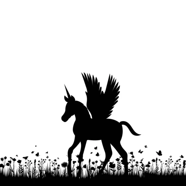Pegasus Mit Flügeln Schwarze Silhouette — Stockvektor