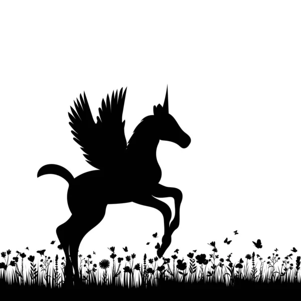 Pegasus Hitam Siluet Pada Latar Belakang Putih Terisolasi - Stok Vektor