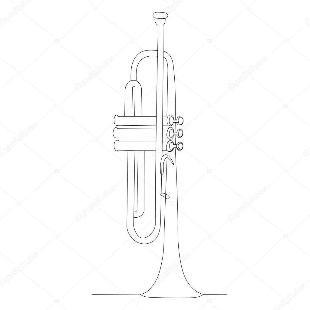 musical trumpet one line drawing, outline, vector