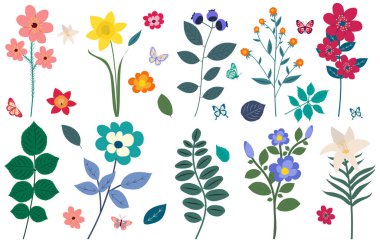 çiçekler, bitkiler düz dizayn, çizgi film izole vektörü